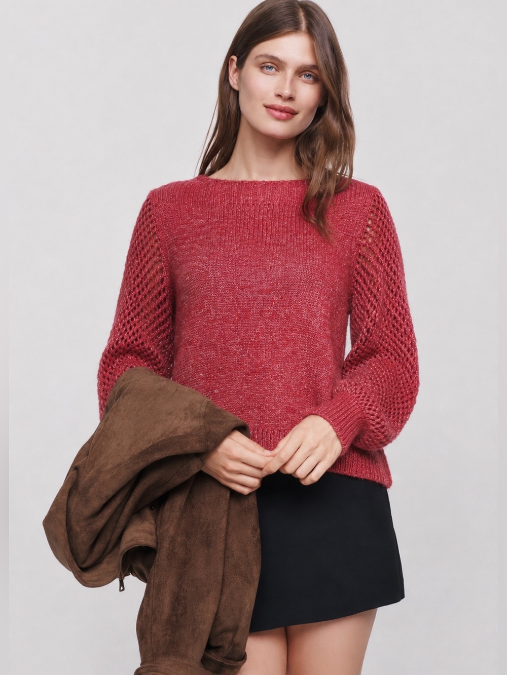 NWT Tommy Bahama Shimmer Balloon Sleeve Bateau Sweater Tango Red Metallic Wool